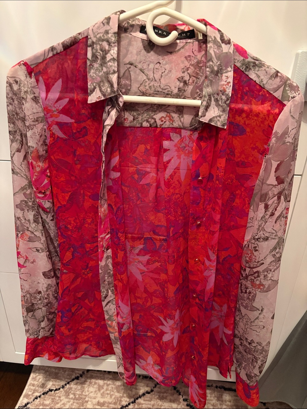 Ivanka Trump Red & Pink Floral Sheer Button-Down Shirt